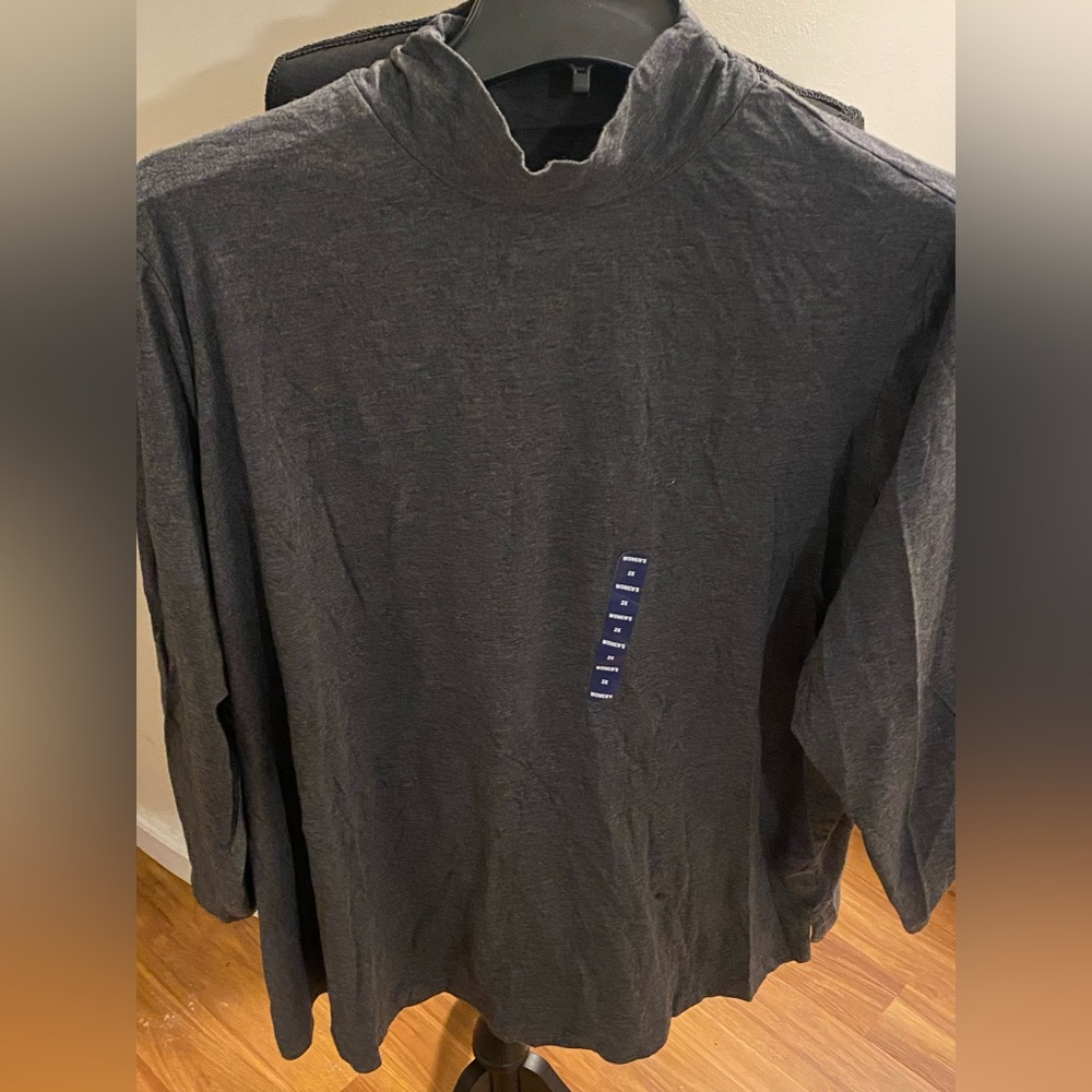 Lands' End NWT Woman’s Coal-Heather-Gray Long Scrunched  Sleeve Mock Neck Shirt